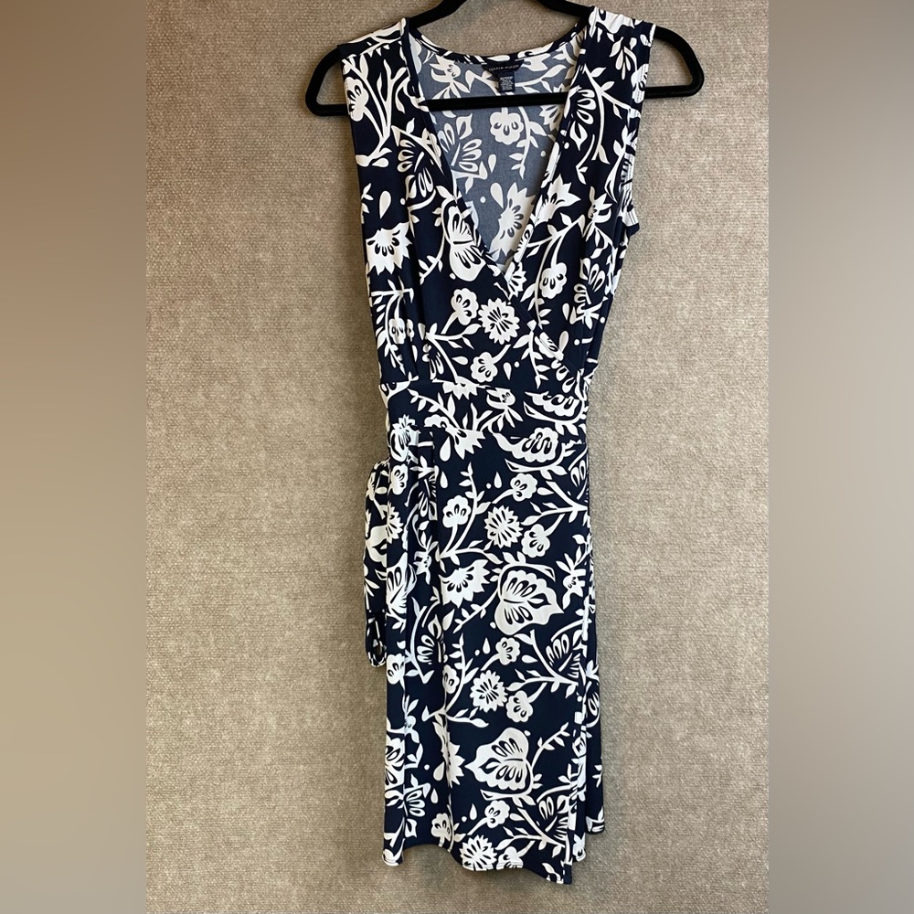 Tommy Hilfiger Navy Blue White Cross Front V Neck Sleeveless Lined Dress Size XS